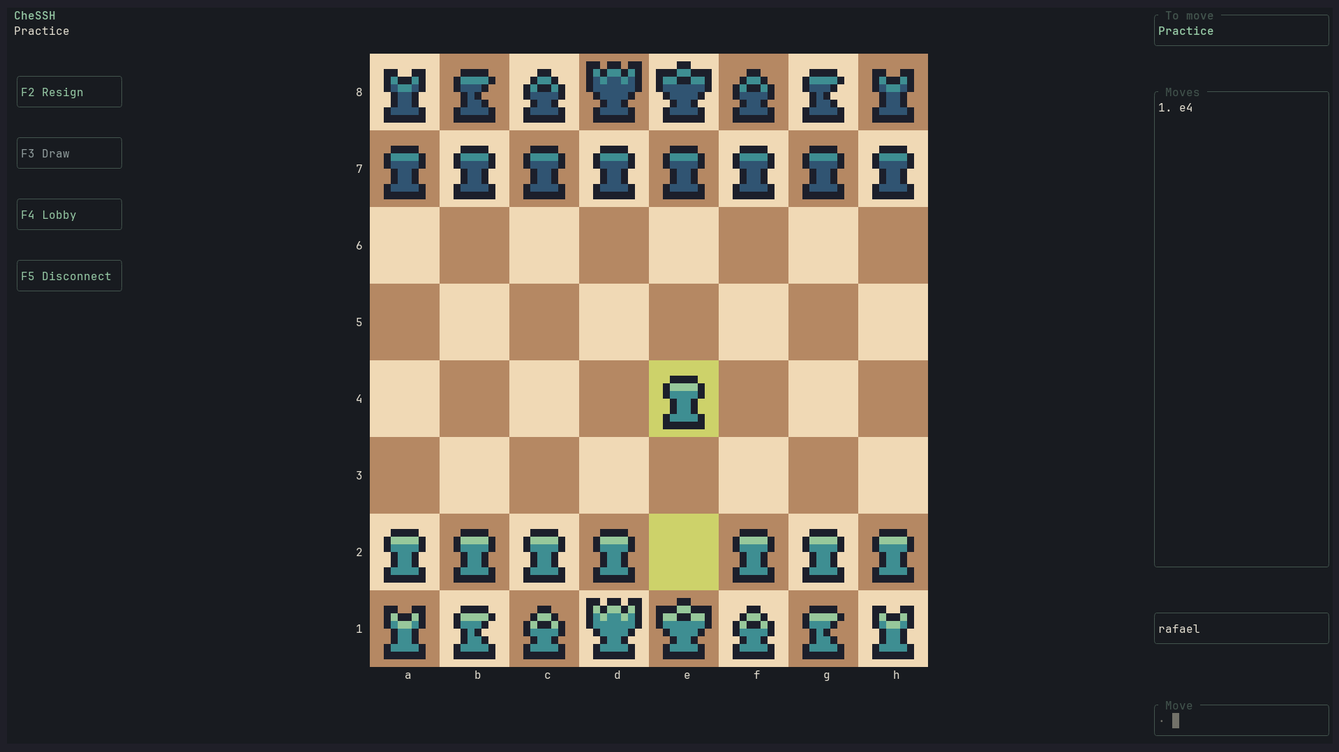 CheSSH terminal interface: a pixel-art chessboard, move history, and game controls.